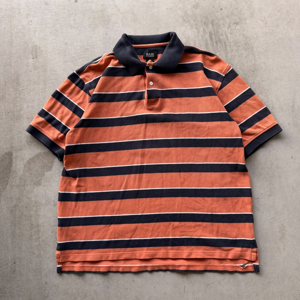 Bass Polo Shirt‎ Mens Large Orange Navy Blue Striped Short Sleeve Fair Condition
